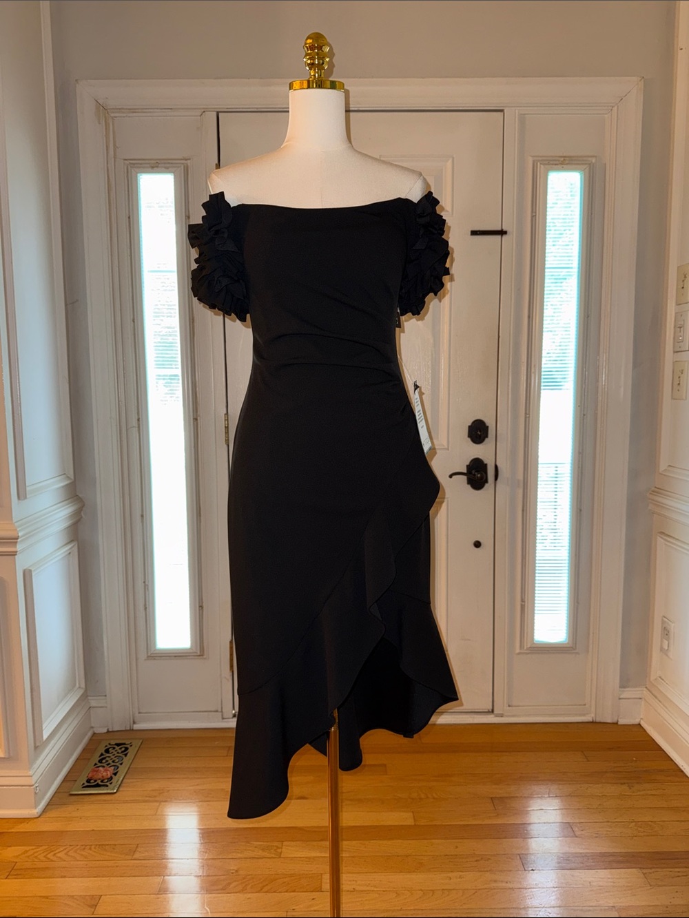 Xscape Elegant Black One-Shoulder Ruffle-Sleeve Midi Dress
